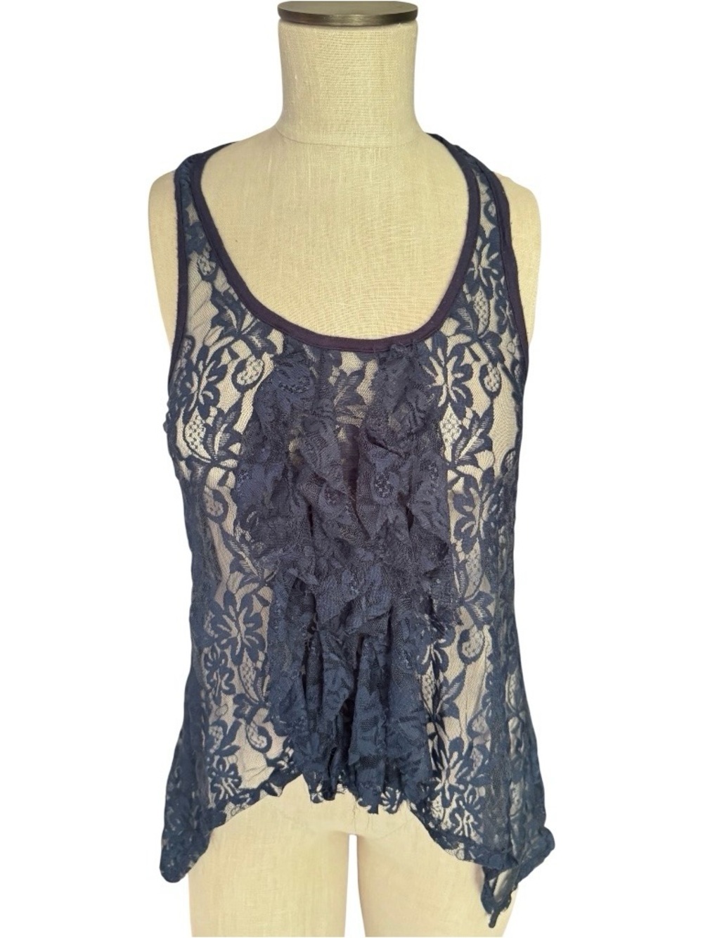 Vintage MOONSTAR Navy Lace Y2K Sheer Racerback Ruffle Front Tank Top Sz M